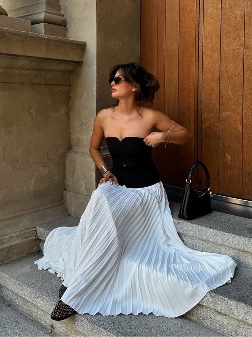 Commense Color Block Strapless Pleated Chiffon Maxi Dress Black Ivory Medium NWT
